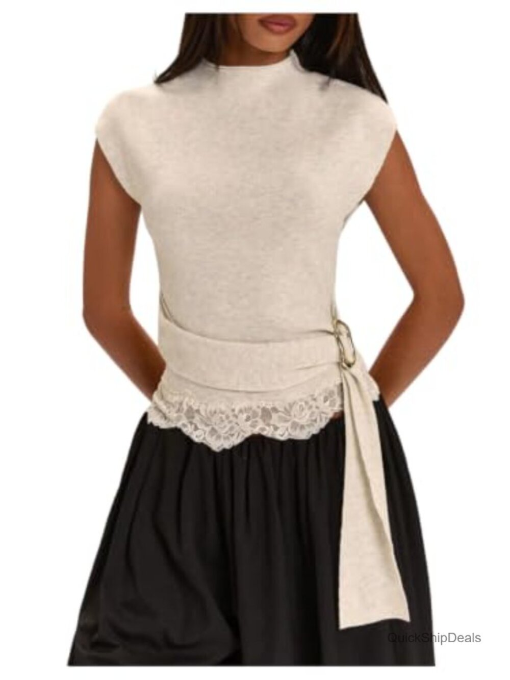 Lace Short Sleeve Sweater Vest Mock Neck Fall Work Top